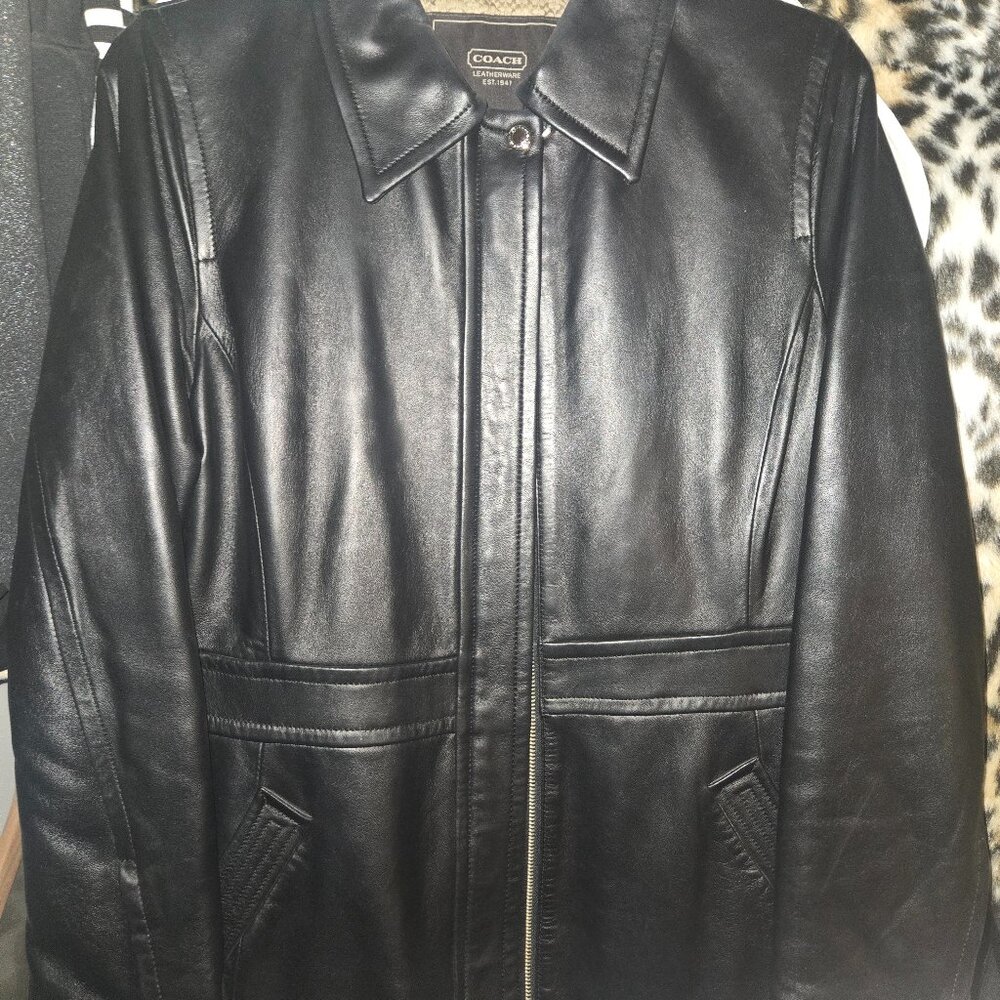 Coach Womens Hip Length Soft Black Leather Signature Lined Full-Zip Jack…